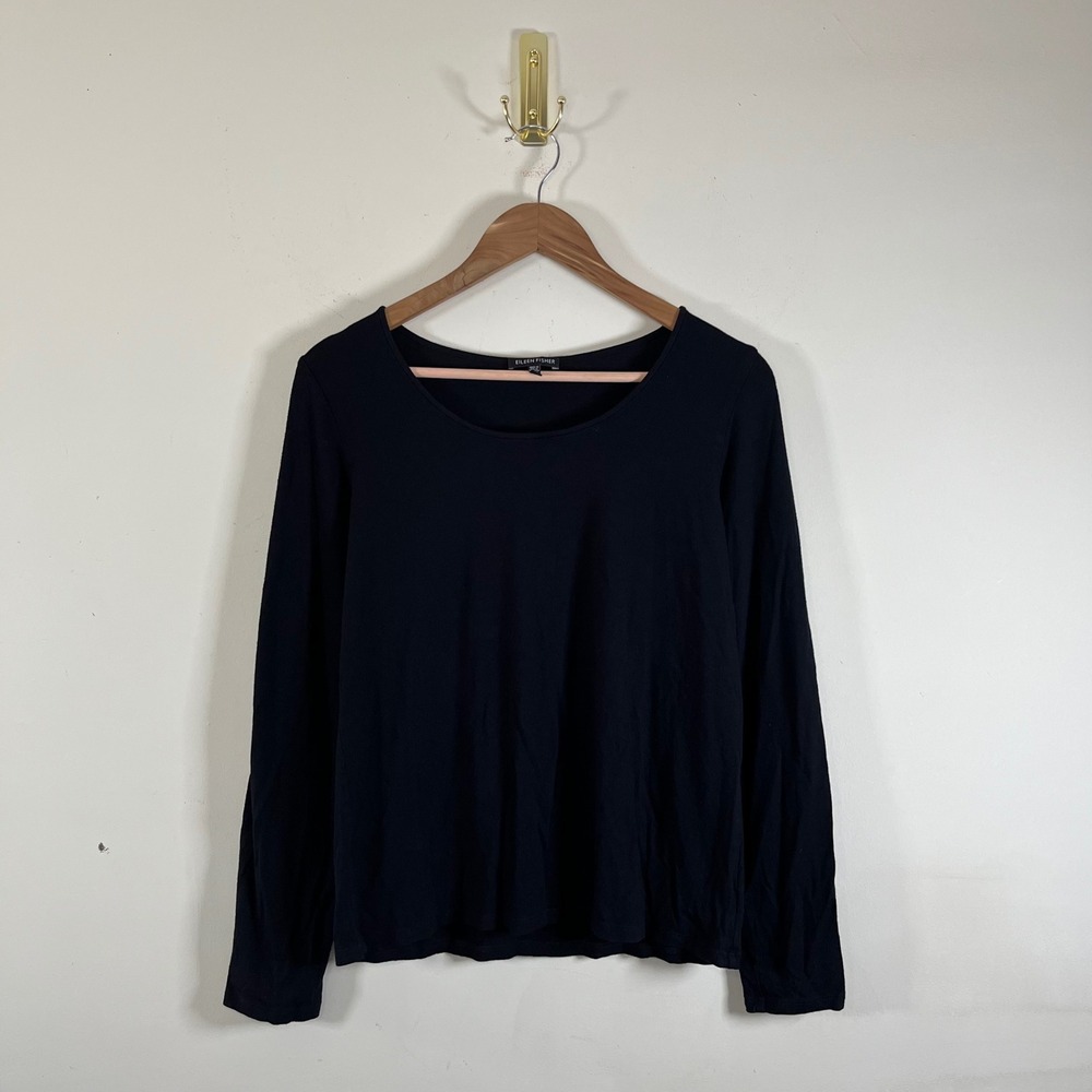 Eileen Fisher Scoop Neck Long Sleeve Shirt Black Minimalist Size Medium